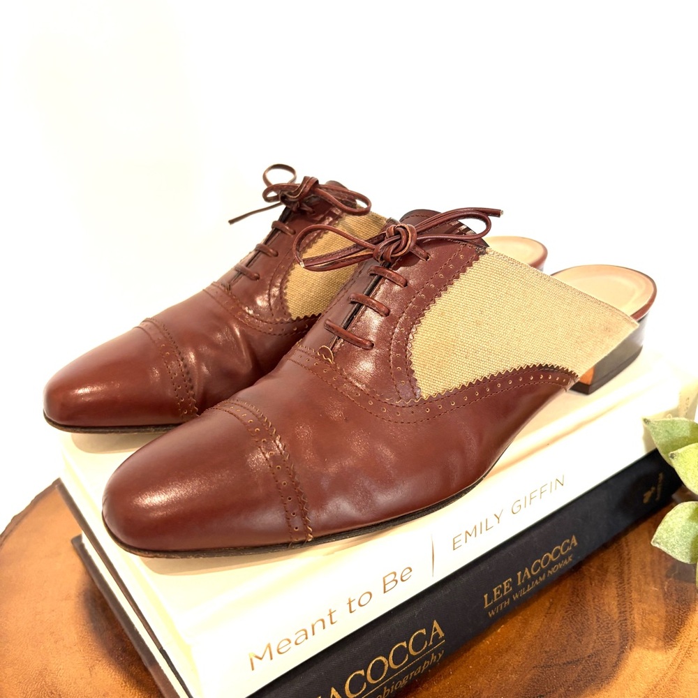 Salvatore Ferragamo Leather & Linen Pointed Toe Oxford Mules Shoes 7B Italy